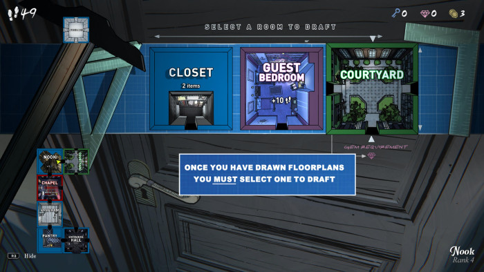 Hier wählen wir aus, welcher Raum hinter der Tür auftaucht. (Bild: Raw Fury / Screenshot: Golem.de)