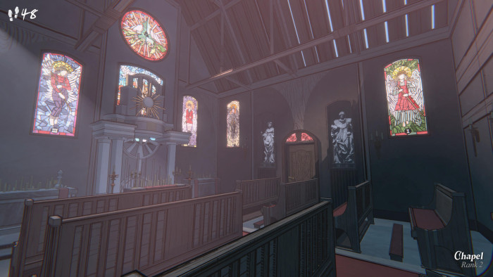 Es gibt sehr viele unterschiedliche Zimmer - auch eine Kapelle. (Bild: Raw Fury / Screenshot: Golem.de)