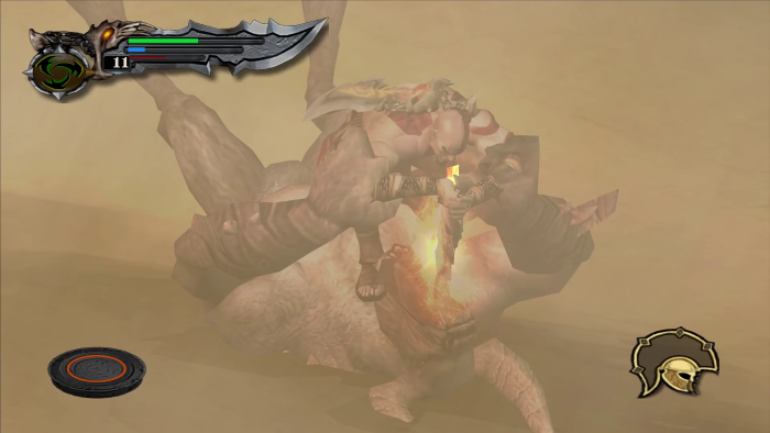 Button-Mashing, bis es wehtut: God of War lässt Spieler immer wieder hart für den Sieg arbeiten. Um bestimmte Gegner zu erledigen, muss man schnell die angezeigte Taste drücken. (Bild: Sony Playstation / Screenshot: Medienagentur Plassma)