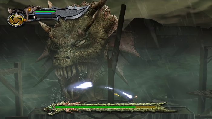 God of War hat es vorgemacht: Gleich zu Beginn gibt es einen spektakulären Kampf mit äußerst zähen Seeschlangen. (Bild: Sony Playstation/Screenshot: Medienagentur Plassma)