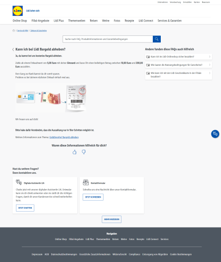 Diese Lidl-Webseite nennt noch die alte Mindesteinkaufssummer, um kostenlos Bargeld an der Kasse abheben zu dürfen. (Bild: Lidl/Screenshot: Golem.de)