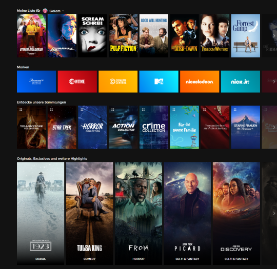 Diese Inhalte zeigt Paramount+ auf der Startseite. (Bild: Paramount/Screenshot: Golem.de)