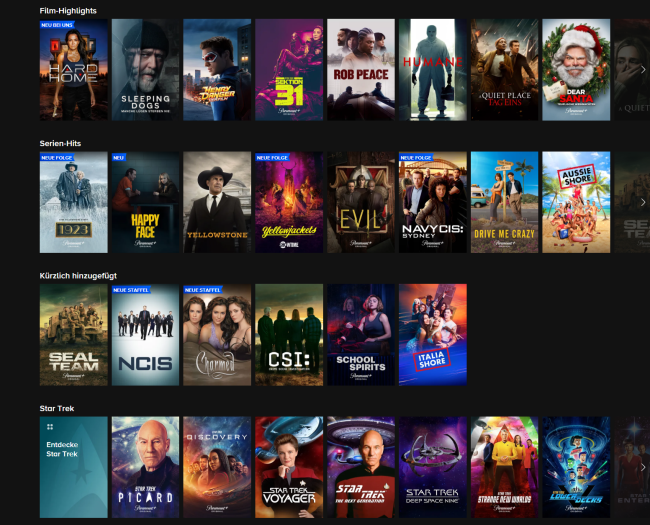Diese Inhalte zeigt Paramount+ auf der Startseite. (Bild: Paramount/Screenshot: Golem.de)
