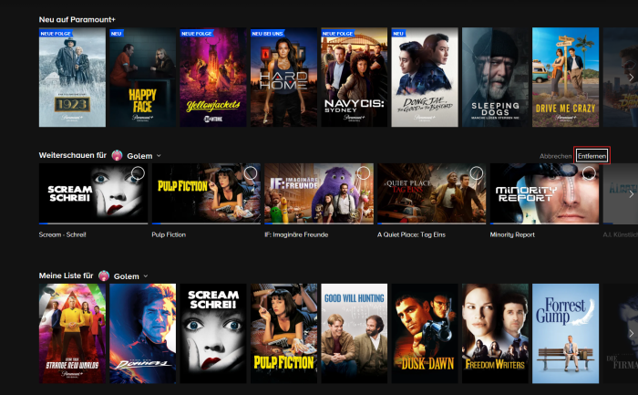 Nur im Browser lässt sich der Weiterschauen-Bereich von Paramount+ bearbeiten. (Bild: Paramount/Screenshot: Golem.de)