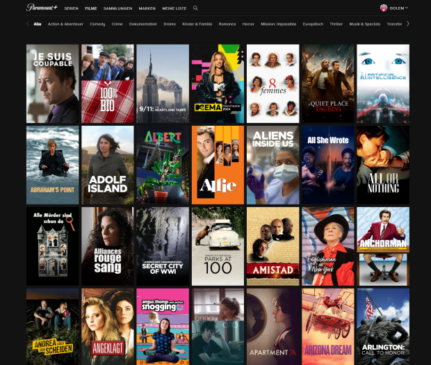 Der Filmbereich von Paramount+ (Bild: Paramount/Screenshot: Golem.de)