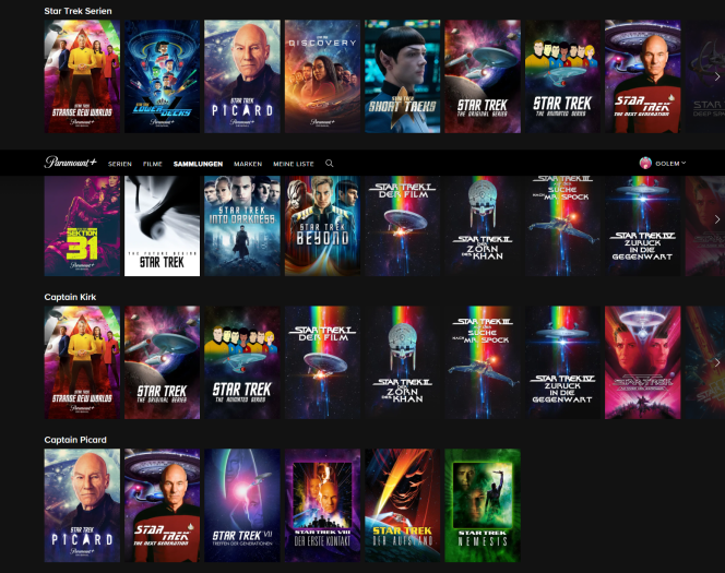 Es erschließt sich nicht, nach welchen Kriterien die Filme und Serien aus dem Star-Trek-Universum sortiert werden. (Bild: Paramount/Screenshot: Golem.de)