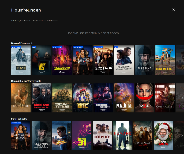 Der Film &quot;Vor Hausfreunden wird gewarnt&quot; ist im Katalog von Paramount+, wird aber über die Suche nicht gefunden. (Bild: Paramount/Screenshot: Golem.de)