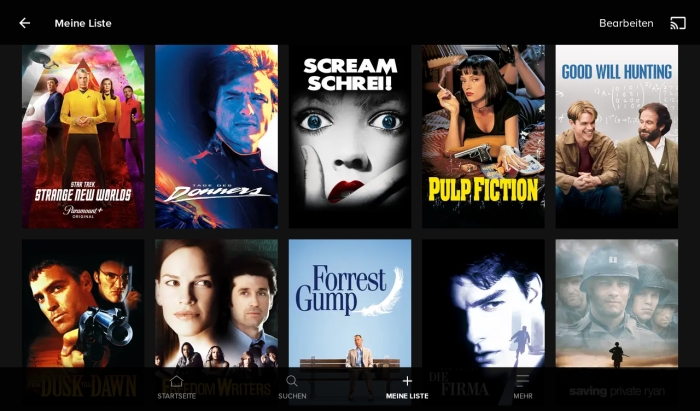 Die Merkliste von Paramount+ in der Tablet-App (Bild: Paramount/Screenshot: Golem.de)