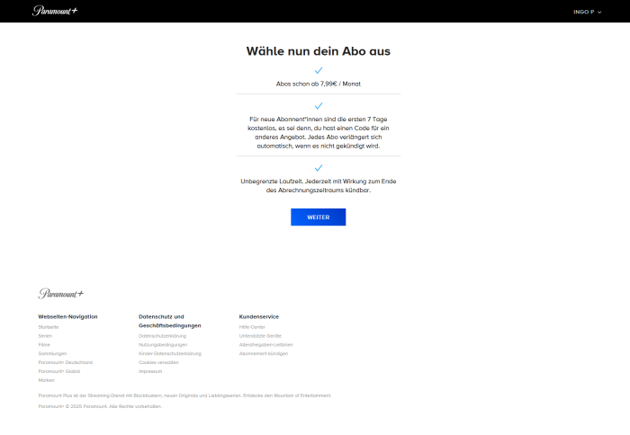 Bei der Reaktivierung eines Paramount+-Abos erfahren wir zunächst gar nichts von der Existenz des Premiumabos. (Bild: Paramount/Screenshot: Golem.de)