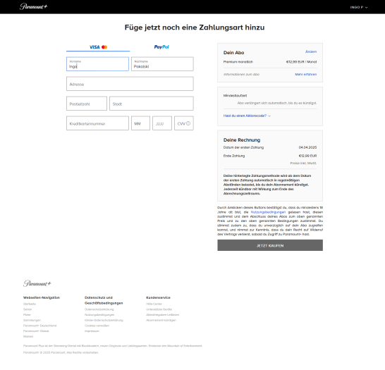 Das Abo von Paramount+ kann mit Visa- und Master-Card oder mit Paypal bezahlt werden. Bankeinzug wird nicht geboten. (Bild: Paramount/Screenshot: Golem.de)