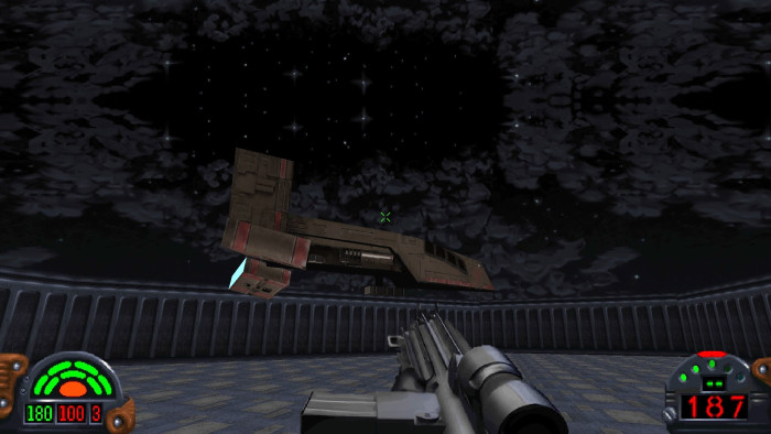 Ob Himmel-Hintergrundgrafik oder texturiertes Evakuierungsraumschiff: Das Grafik-Facelifting der Remaster-Version gefällt, ohne dabei den Charme des Ursprungswerks zu verfälschen. (Bild: Nightdive Studios / Screenshot: Medienagentur Plassma)