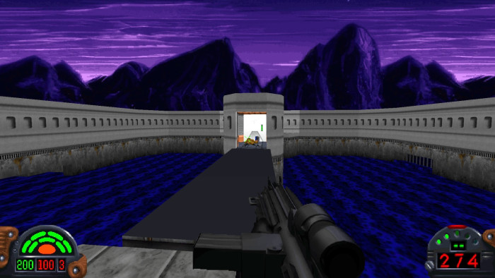 Umgebungsrätsel sind in Dark Forces allgegenwärtig und lockern das Gameplay prima auf. Um in dieser Szene zur Kontrollstation in der Bildmitte zu gelangen, müssen wir zunächst eine drehbare Plattform in Gang setzen. (Bild: Nightdive Studios / Screenshot: Medienagentur Plassma)