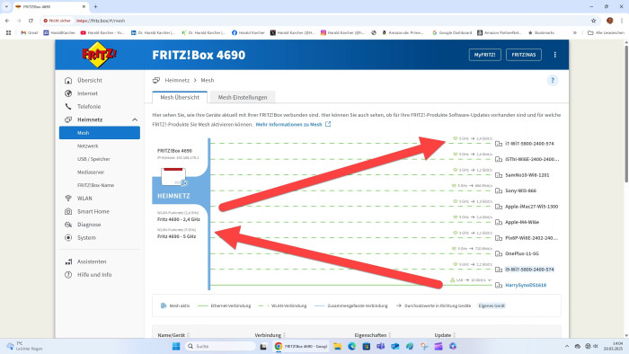 Die 100 Gigabyte große Testdatei rast von der NAS-Station (rechts unten) per LAN-Kabel in die Fritzbox 4690 (links) und dann per WLAN an den Wi-Fi-7-Laptop rechts oben. (Bild: Harald Karcher)