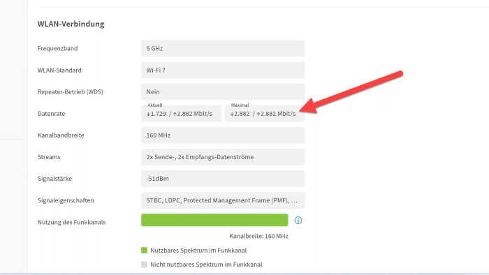 Der Wi-Fi-7-Laptop kann sich bis 2.882 MBit/s brutto über die Luft mit der Fritzbox 4690 verbinden. (Bild: Harald Karcher)