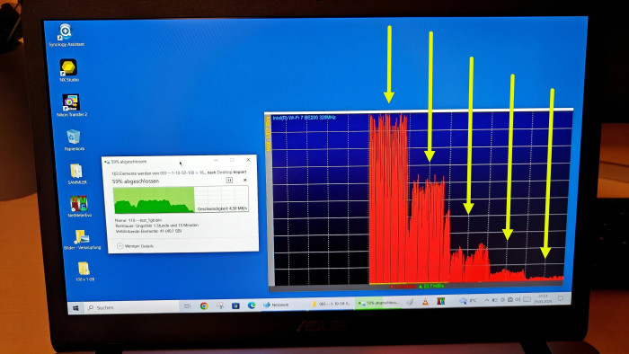 5-GHz-Test: nachlassender WLAN-Speed zwischen Laptop und Fritzbox 4690 in fünf zunehmend entfernten Räumen (Bild: Harald Karcher)
