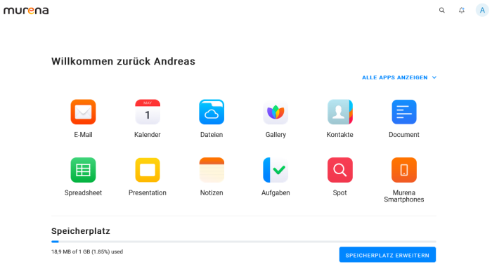 Das von Murena entwickelte Cloudangebot basiert auf Nextcloud. 1 GByte Speicher sind gratis dabei. (Screenshot: Andreas Fischer)