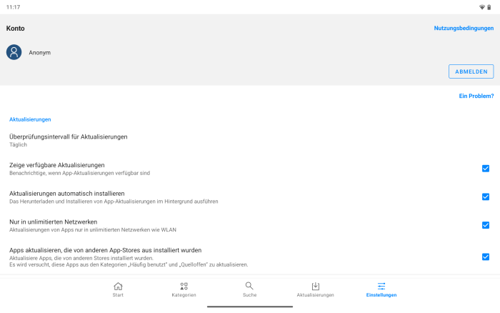 Auf Wunsch greift die App Lounge anonym auf den Google Play Store zu. (Screenshot: Andreas Fischer)
