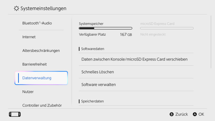 Auf dem Massespeicher der Switch 2 ist erst mal ausreichend Platz. (Bild: Nintendo/Screenshot: Golem.de)