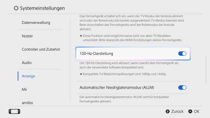 Im Optionenmenü kann man den 120-Hz-Modus ausschalten - etwa, um Akku zu sparen. (Bild: Nintendo/Screenshot: Golem.de)