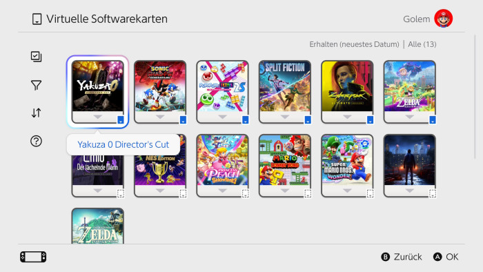 Hier sehen wir unsere aktuelle Bibliothek. (Bild: Nintendo/Screenshot: Golem.de)