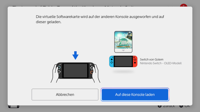 Der Wechsel eines Spiels zwischen alter und neuer Switch funktioniert schnell und einfach. (Bild: Nintendo / Screenshot: Golem.de)