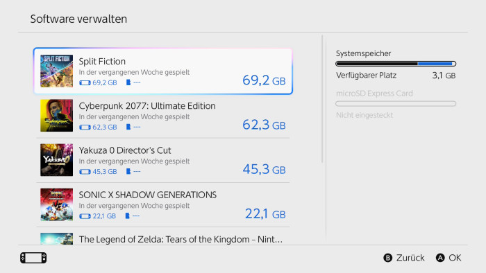 Schon wenige Games füllen den Datenspeicher der Switch 2 bis ans Limit. (Bild: Nintendo / Screenshot: Golem.de)