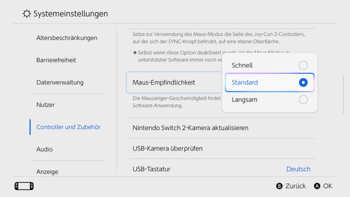 Die Joy-Con 2 kann man auch als Maus verwenden, die Empflndlichkeit lässt sich einstellen. (Bild: Nintendo / Screenshot: Golem.de)