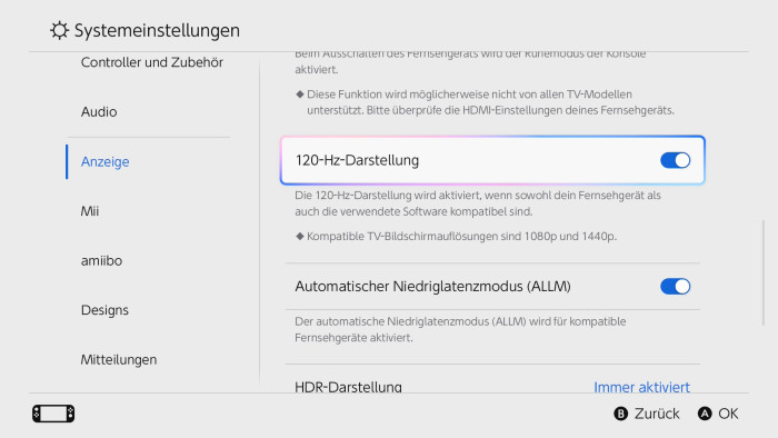 Wer will, kann die Bildrate von 120 fps auch deaktivieren. (Bild: Nintendo / Screenshot: Golem.de)