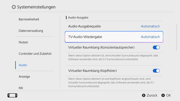 Es gibt nur wenige, aber sinnvolle Audiooptionen. (Bild: Nintendo / Screenshot: Golem.de)