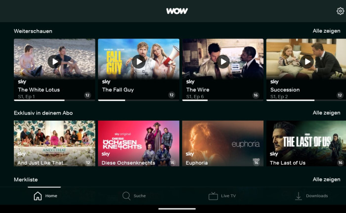 Die alte Wow-App zeigte vier Titel im Weiterschauen-Bereich. (Bild: Sky/Screenshot: Golem.de)