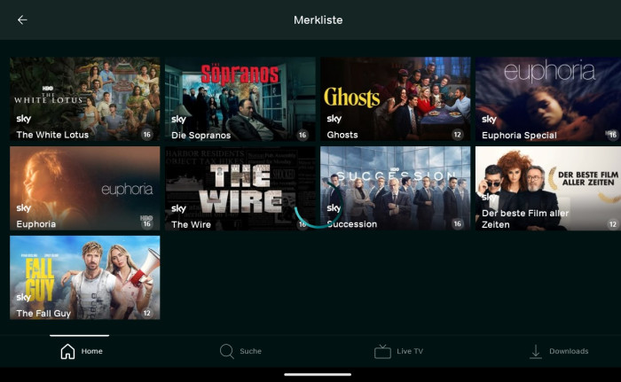 Die alte Wow-App konnte in der Merkliste bis zu 12 Titel zeigen. (Bild: Sky/Screenshot: Golem.de)