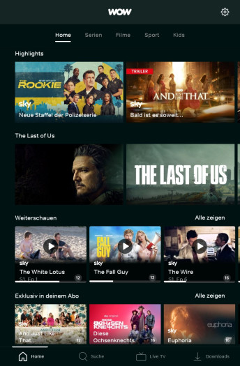 Der Startbildschirm der alten Wow-App im Hochformat zeigte direkt vier Reihen. (Bild: Sky/Screenshot: Golem.de)