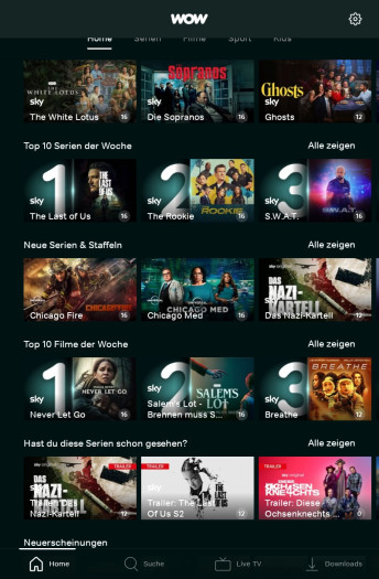 In der alten Wow-App passten bis zu fünf Reihen mit Inhalten auf den Bildschirm. (Bild: Sky/Screenshot: Golem.de)