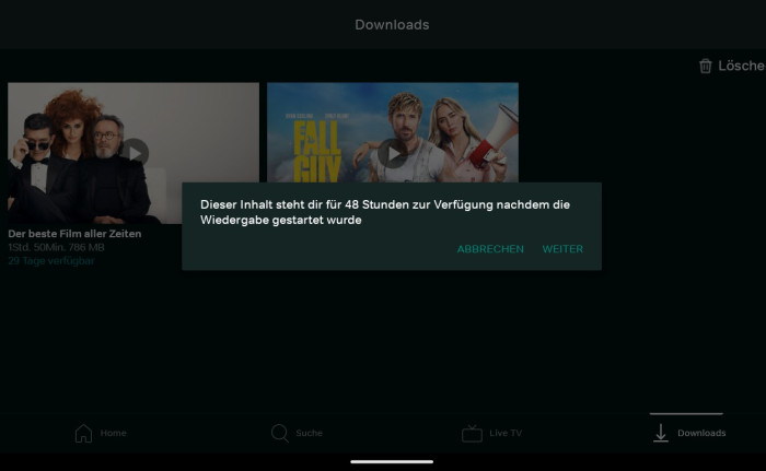 In der alten Wow-App gab es noch eine Warnung, dass ein Offlinevideo nach 48 Stunden nicht mehr nutzbar ist. (Bild: Sky/Screenshot: Golem.de)
