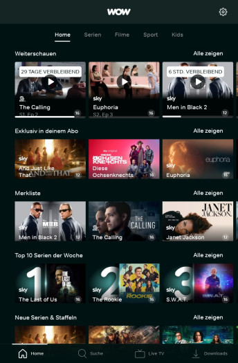 Die alte Wow-App zeigte das Ablaufdatum von Men in Black 2 sowie The Calling im Weiterschauen-Bereich. (Bild: Sky/Screenshot: Golem.de)