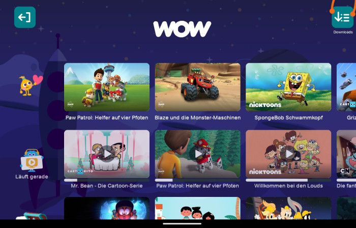 So sah der Kinder-Bereich der alten Wow-App aus - einen PIN-Schutz gab es nicht. (Bild: Sky/Screenshot: Golem.de)