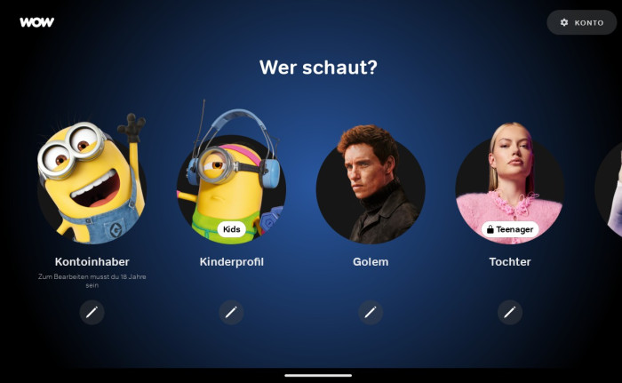 Die neue Wow-App unterstützt Profile. (Bild: Sky/Screenshot: Golem.de)