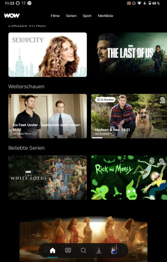 Der Weiterschauen-Bereich rutscht in der neuen Wow-App weit nach unten und zeigt im Hochformat nur noch zwei Einträge statt vorher drei. (Bild: Sky/Screenshot: Golem.de)