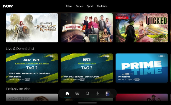 Im Querformat müssen wir bei der neuen Wow-App erstmal nach unten scrollen, bis der Weiterschauen-Bereich kommt. (Bild: Sky/Screenshot: Golem.de)