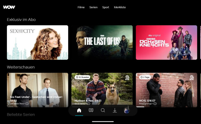 Der Weiterschauen-Bereich rutscht in der neuen Wow-App weit nach unten und zeigt im Querformat nur noch drei Einträge statt vorher vier. Hier wird auf bald aus dem Abo fallende Inhalte informiert. (Bild: Sky/Screenshot: Golem.de)