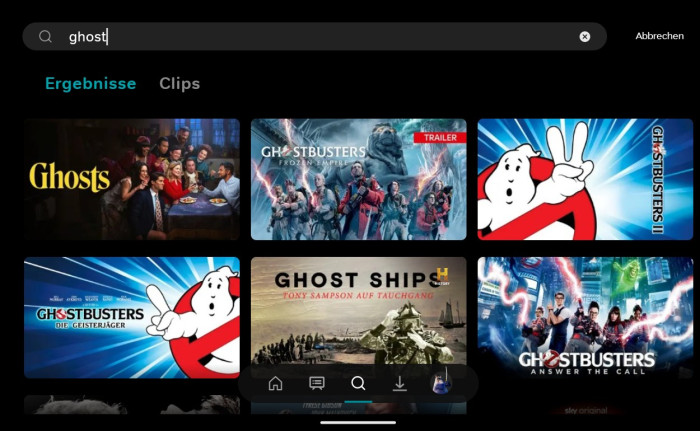 Auch die neue Wow-App zeigt Ghost als Treffer so weit unten, dass er im Querformat gar nicht zu sehen ist. (Bild: Sky/Screenshot: Golem.de)