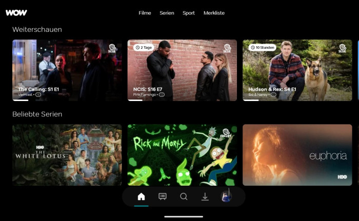 Im Weiterschauen-Bereich fehlt das Ablaufdatum für The Calling in der neuen Wow-App, bei anderen Serien wird es angezeigt. (Bild: Sky/Screenshot: Golem.de)