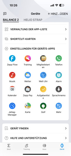 Hier sehen wir die wichtigsten Optionen für die Balance 2. (Bild: Amazfit/Screenshot: Golem.de)