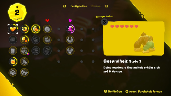 Durch gefundene Bananaen können wir Extras im Talentbaum freischalten. (Bild: Nintendo / Screenshot: Golem.de)