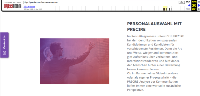 Screenshot aus der Wayback Machine der früheren Precire-Website (Screenshot: Andreas Meier)