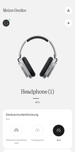 Auf dem Startbildschirm zeigt die Nothing-App den Ladestand des Headphone (1) nur in Fünfer-Schritten an. (Bild: Nothing/Screenshot: Golem.de)
