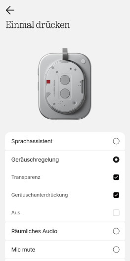 Nur eine Taste am Headphone (1) lässt sich umfangreich anpassen. (Bild: Nothing/Screenshot: Golem.de)