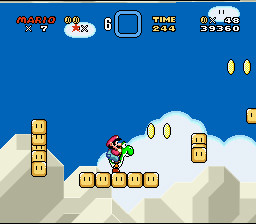 Unterwegs auf dem Rücken von Yoshi. Einige Plattformen dehnen sich aus und ziehen sich wieder zusammen. Hier ist exaktes Timing gefragt! (Bild: Moby Games)