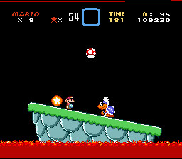 Iggy Koopa ist der erste Endboss des Spiels. Um ihn zu besiegen, muss Mario ihn von seiner hin- und herschaukelnden Plattform in die Lava stoßen. (Bild: Moby Games)