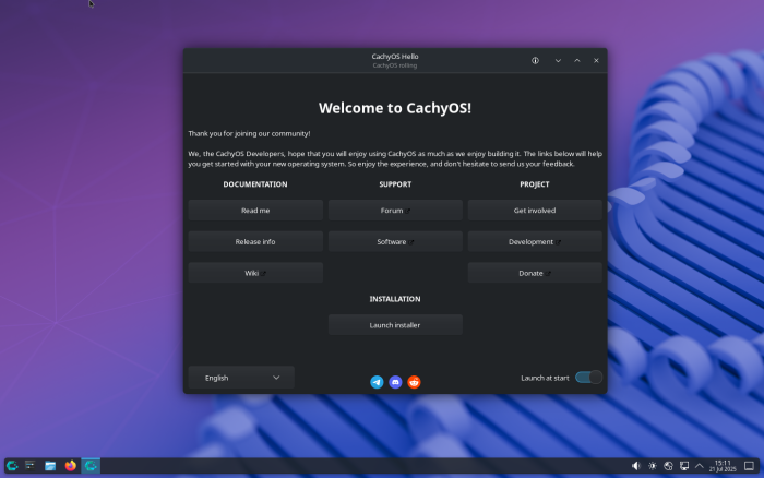 Im Live-System öffnet der Plasma-Desktop sofort mit CachyOS Hello einen Assistenten. (Screenshot: Erik Bärwaldt)